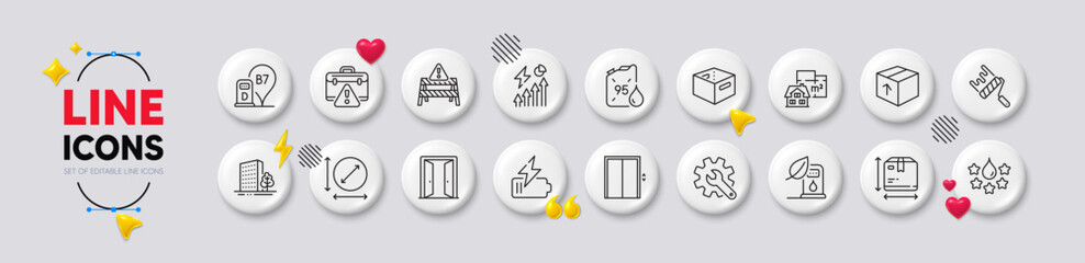 Box size, Lift and Open door line icons. White buttons 3d icons. Pack of Floor plan, Warning road, Package icon. Petrol canister, Buildings, Warning briefcase pictogram. Vector