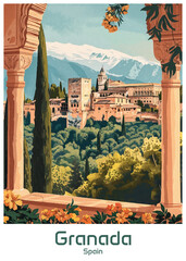 Granada Spain Poster Illustration Travel Print Decor Gift Paper Canvas Wall Retro Art