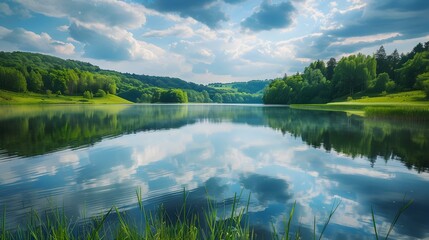 Fototapeta premium The view of a tranquil lake surrounded image