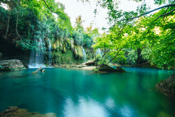 Naklejka premium Kursunlu Waterfall, green lake or pond surrounded by greenery, huge tree roots and stone rocks on a sunny day in Antalya, Turkey.