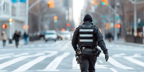 Police officer patrols city streets for public safety in documentary photography. Concept Documentary Photography, Public Safety, Police Officer, City Streets, Law Enforcement,