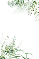 Wedding vertical background with Watercolor fern and botanical green leaves, copy space