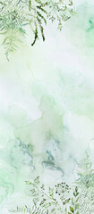 Wedding vertical background with Watercolor fern and botanical green leaves, copy space