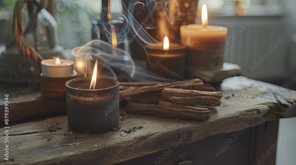 Canvas Prints The pine desk had burning candles with smoky palo santo wood sticks