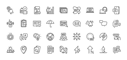 Cursor, Website search and Technical info line icons pack. AI, Question and Answer, Map pin icons. Full rotation, Journey, Electric energy web icon. Transmitter, Waterproof, Consult pictogram. Vector