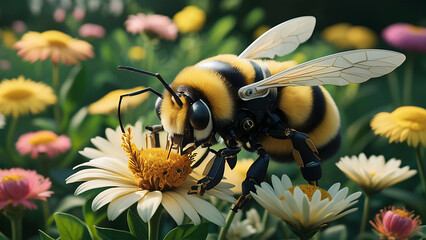 Robot Bee. An intelligent robot bee pollinates flowers