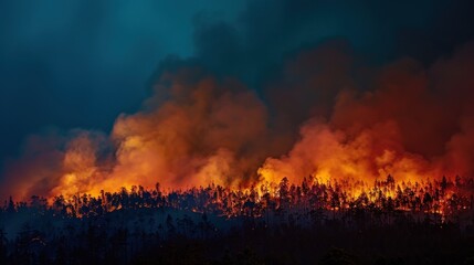 A large fire was burning on the side of a mountain at night, Countryside forest with a cloudy sky covered by fire smoke during the evening