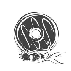 Obraz premium Donuts and berries logo. Pastry, cake and bread shop. Black and white vector illustration for menu, recipe book, baking shop, cafe.