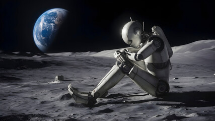 abandoned humanoid robot on the moon