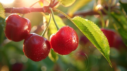 Obraz premium Warm Golden Sunlight Illuminates Dewy Red Cherries Hanging Among Green Orchard Leaves Creating A Fresh Calm And Naturally Vibrant Scene