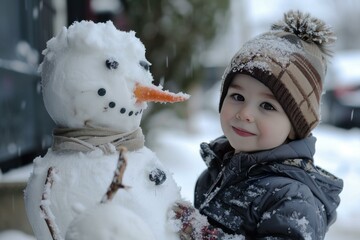 Young boy is smiling next to a snowman he's building on a snowy winter day