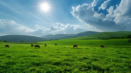 The lush green meadows where cows graze