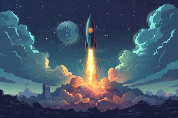 Obraz premium Cryptocurrency Rocket Launching into the Night Sky