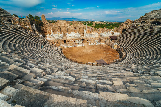 Aspendos, Antalya. Spectacular cloudscape accompanying the panoramic view of the Roman Theater in Turkey.