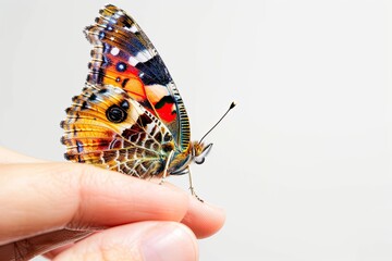 Painted Lady butterfly perched on a finger