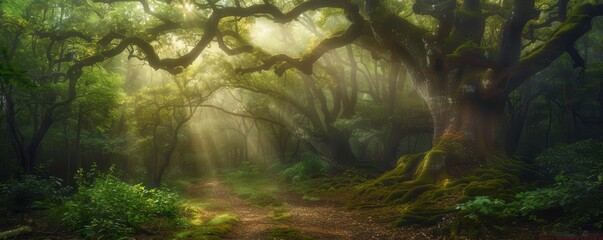 Mystical forest path with sunlight filtering through the canopy.