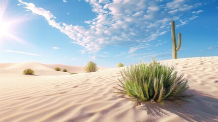 A desert scene with a cactus in the foreground
