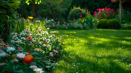 Obraz premium A beautiful garden with a green lawn picture