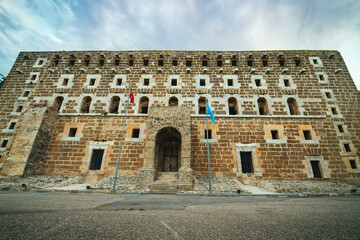 Photograph of the ruins of the ancient Aspendos amphitheater taken from a downward angle. Antalya, Turkey.