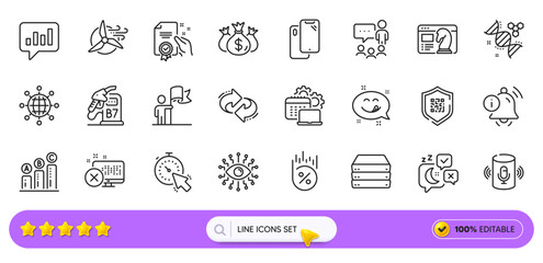 Loan percent, Information bell and Chemistry dna line icons for web app. Pack of Seo strategy, Software, Certificate pictogram icons. Servers, Yummy smile, Timer signs. Diesel station. Vector