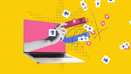Hand with magnet attracting social media icons from laptop screen. Stop motion, animation. Visual for influencer marketing platforms to attract content creators. Digital marketing, online services - Powered by Adobe