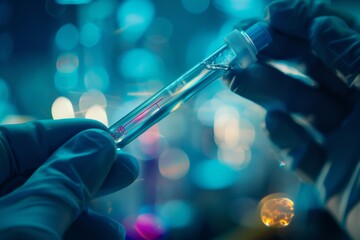 Scientist researching with glass tube in lab for chemical testing and medical innovation