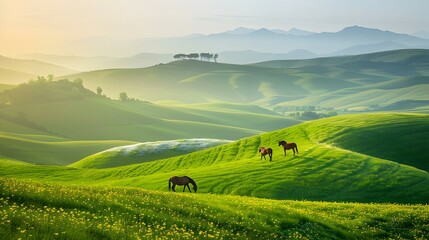 Horses grazing on green hills surrounded by flowering picture