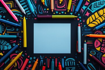 Playful and vibrant art supplies frame an empty canvas awaiting creativity