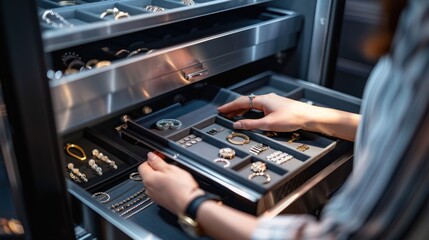 Woman organizing jewelry inside a security safe box with minimalist background