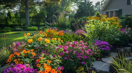 Obraz premium Mixborder of colorful annuals and perennials including petunias img