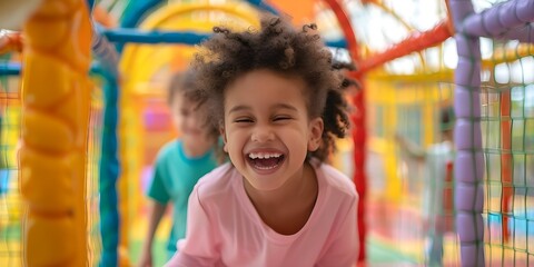 Obraz premium Creating engaging content through influencer roleplaying with kids in a vibrant play area. Concept Kids Activities, Influencer Marketing, Engaging Content, Roleplaying, Play Area