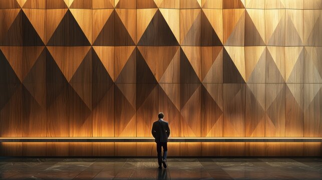 A man stands in front of a wall with a lot of wood and triangles