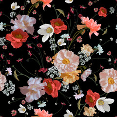 Vector Seamless Pattern. Garden flowers. Magical flowers on black background. Realistic vector image. Print for all types of surfaces. Trendy print. 