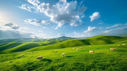 Fototapeta premium The sheep scattered across the green hills picture