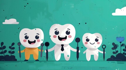 Obraz premium Minimalist illustration of a dentist with tools, mint background, white teeth, art, simple, geometric, minimalistic