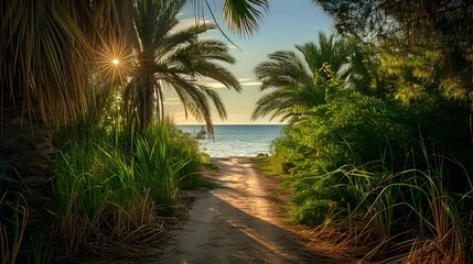 Palm trees and green trees form a picturesque
