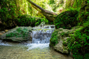 Saklikent Canyon in Fethiye. Spring water comes naturally from the mountains and flows down through...
