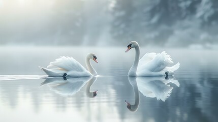 A pair of swans gliding across the mirror