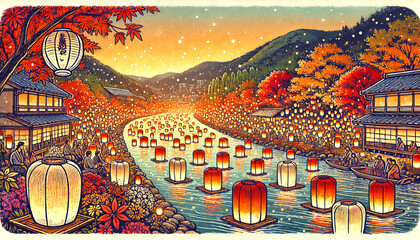 Finale of a lantern floating event in Japan during autumn with vibrant fall foliage