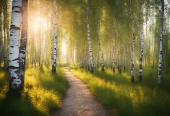 Obraz premium the summer russia foliage green birch forest grove park light evening pathway nobody sunlight tree