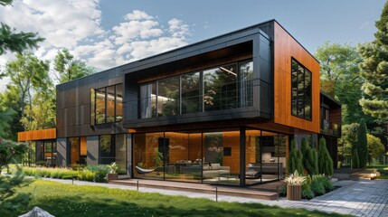 Fototapeta premium A large, modern house with a lot of glass windows and a wooden exterior
