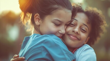 Fototapeta premium A nurse comforting a young patient with a warm hug, offering emotional support and reassurance