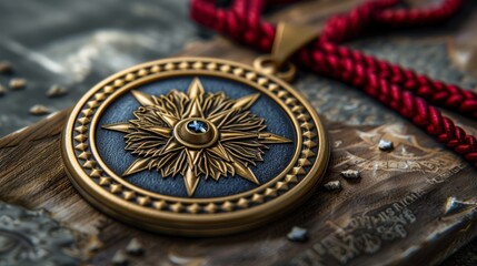 Obraz premium A Gilded Star Pendant With a Blue Gemstone, Resting on a Wooden Surface and Adorned With a Crimson Cord. Generative AI