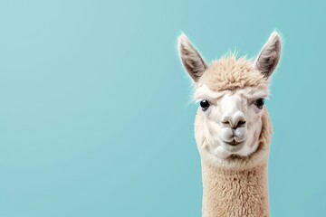 Obraz premium Fluffy white llama with soft fur looking at the camera with a curious expression