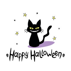 Happy Halloween. Greeting card or poster with black cat. Hand written text. Clip art for holiday events .Vector flat illustration on white background.