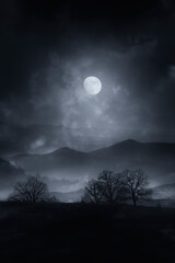 dark horror night landscape with full moon in the clouds