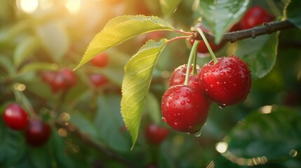 Obraz premium Fresh Sunlit Orchard Scene With Ripe Red Cherries Hanging Among Leaves Creating A Bright Warm And Naturally Calming Summer Setting