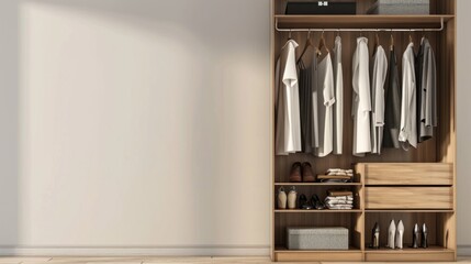 Minimalist wardrobe concept with clean lines and neutral colors with minimalist background