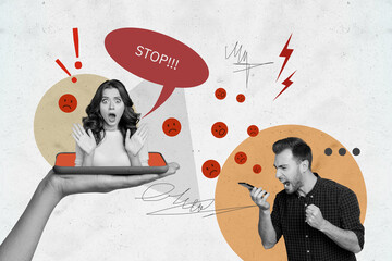 Trend artwork sketch image photo collage of young man bossy scream angry call woman shocked appear...