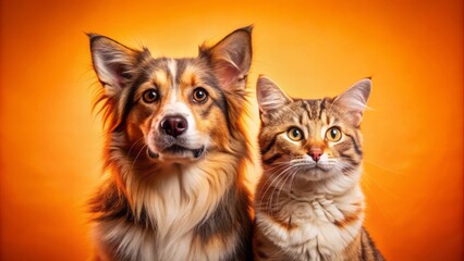 Fototapeta premium Adorable canine and feline friends pose in harmony against a radiant orange background, exuding warmth and tender companionship.